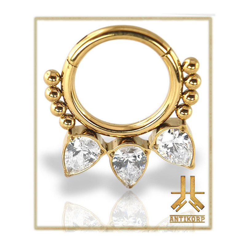 Anneau Clicker Titane PVD Gold Beaded Rev Marquise Strass Blancs