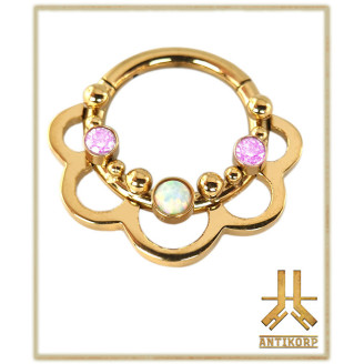 Anneau Clicker Titane F136 PVD Gold Floral Opale/Strass