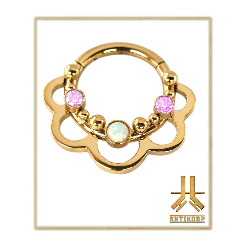 Anneau Clicker Titane F136 PVD Gold Floral Opale/Strass
